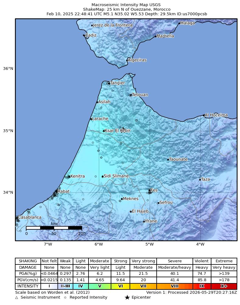 USGS ShakeMap intensity contours for the M5.1 earthquake near 25 km N of Ouezzane, Morocco
