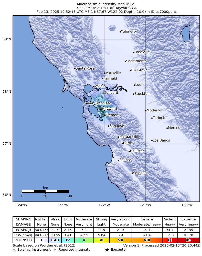 USGS ShakeMap intensity contours for the M3.3 earthquake near 2 km E of Hayward, CA