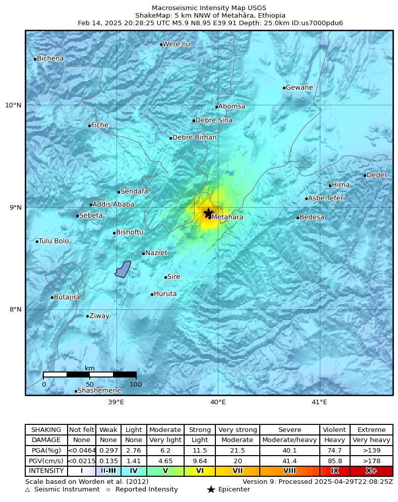 USGS ShakeMap intensity contours for the M5.9 earthquake near 5 km NNW of Metahāra, Ethiopia