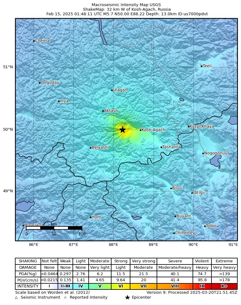 USGS ShakeMap intensity contours for the M5.7 earthquake near 32 km W of Kosh-Agach, Russia