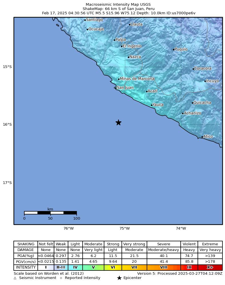 USGS ShakeMap intensity contours for the M5.5 earthquake near 66 km S of San Juan, Peru