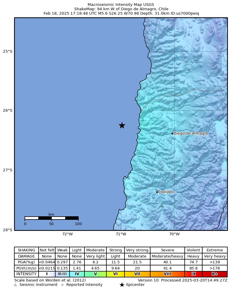 USGS ShakeMap intensity contours for the M5.6 earthquake near 94 km W of Diego de Almagro, Chile