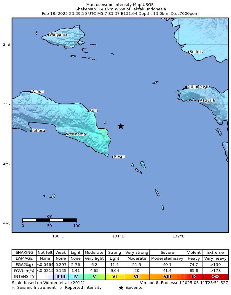 USGS ShakeMap intensity contours for the M5.7 earthquake near 148 km WSW of Fakfak, Indonesia