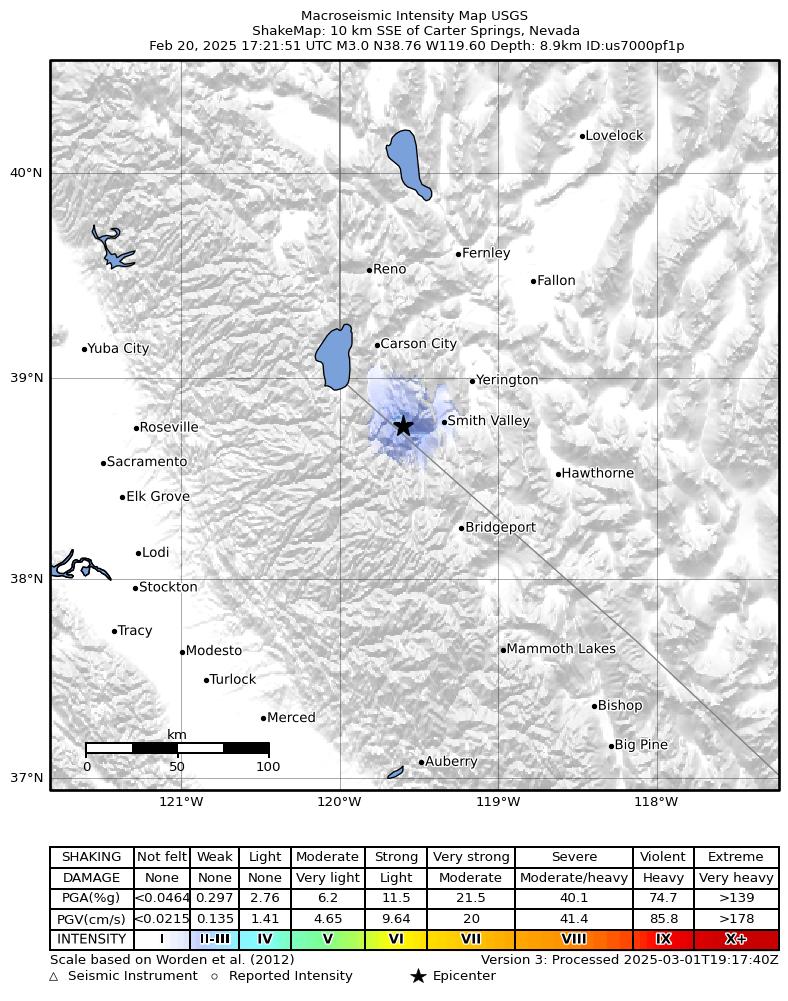USGS ShakeMap intensity contours for the M3.0 earthquake near 10 km SSE of Carter Springs, Nevada