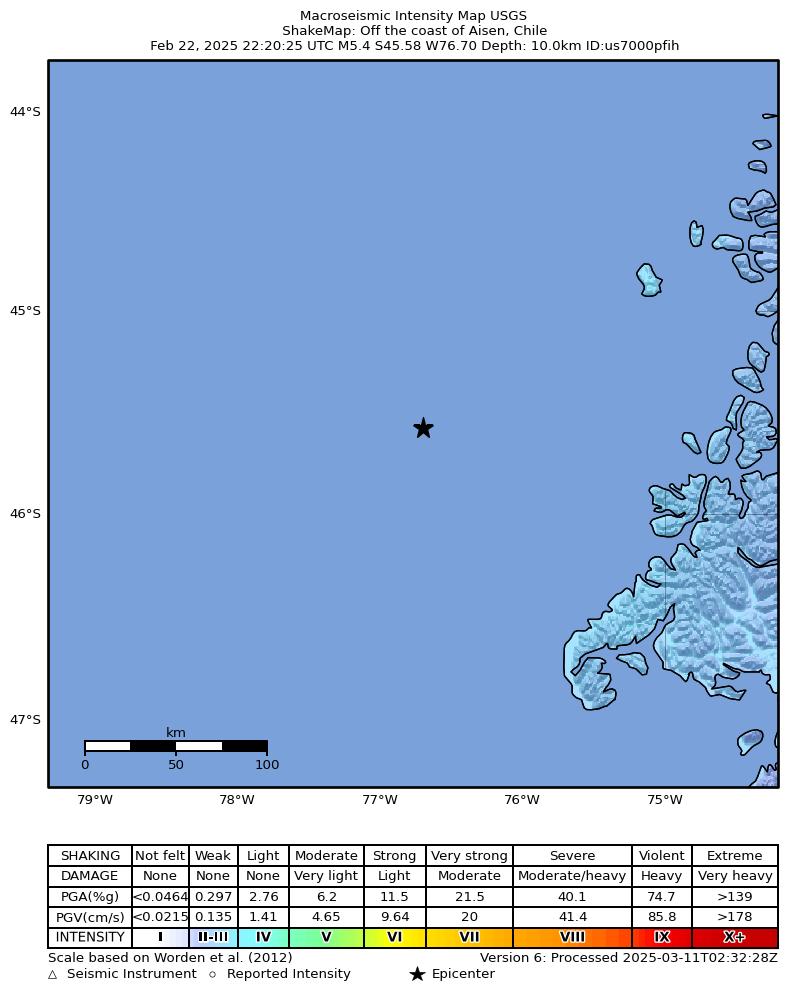USGS ShakeMap intensity contours for the M5.4 earthquake near Off the coast of Aisen, Chile