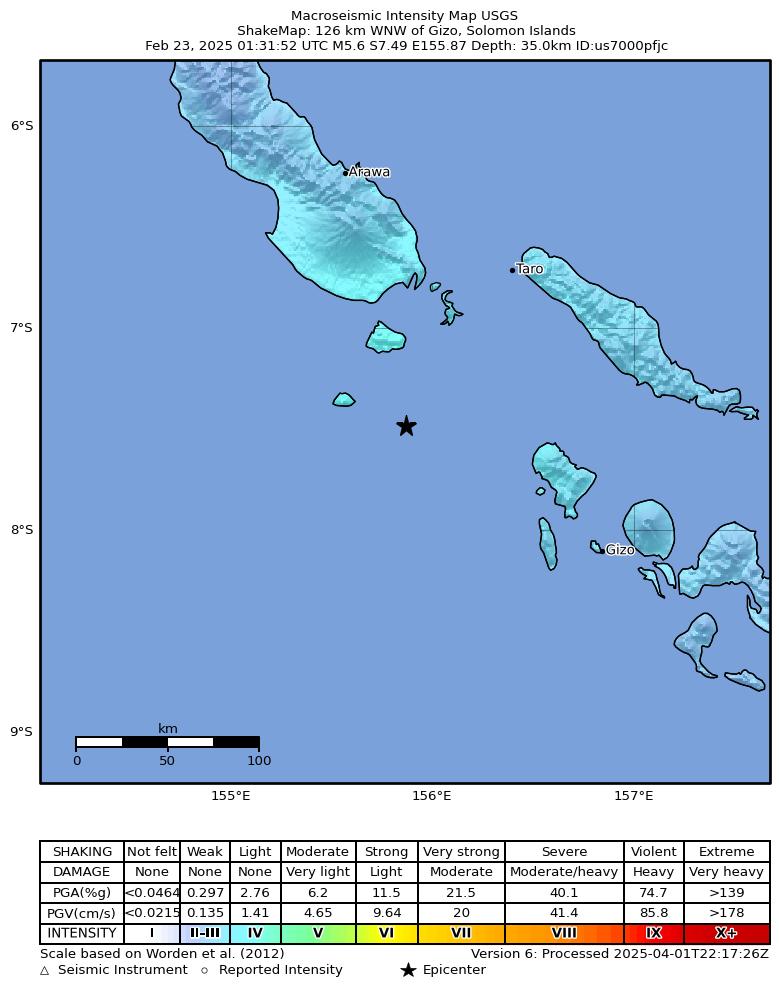USGS ShakeMap intensity contours for the M5.6 earthquake near 126 km WNW of Gizo, Solomon Islands