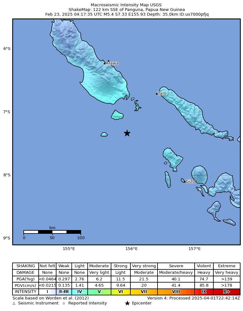 USGS ShakeMap intensity contours for the M5.4 earthquake near 122 km SSE of Panguna, Papua New Guinea