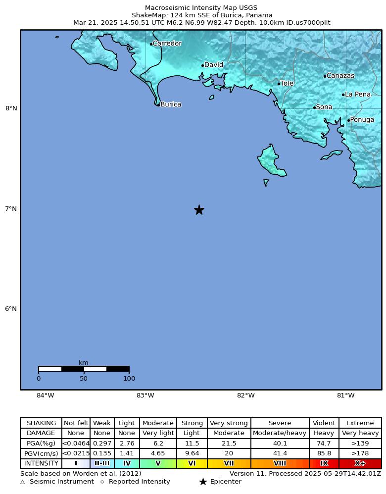 USGS ShakeMap intensity contours for the M6.2 earthquake near 124 km SSE of Burica, Panama