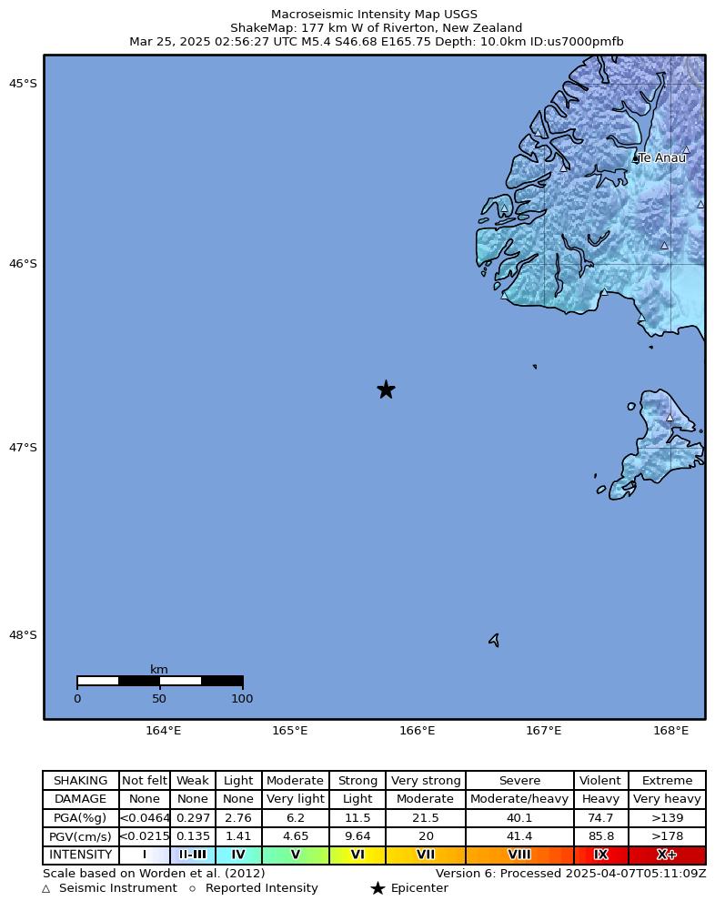 USGS ShakeMap intensity contours for the M5.4 earthquake near 177 km W of Riverton, New Zealand