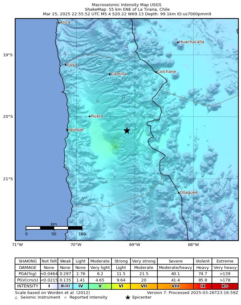 USGS ShakeMap intensity contours for the M5.3 earthquake near 57 km ENE of La Tirana, Chile