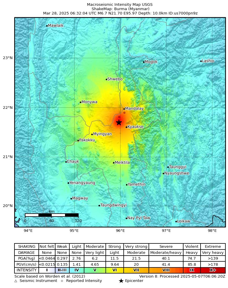USGS ShakeMap intensity contours for the M6.7 earthquake near Burma (Myanmar)