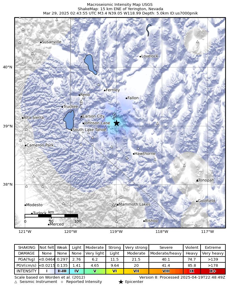 USGS ShakeMap: estimated shaking intensity around the epicenter