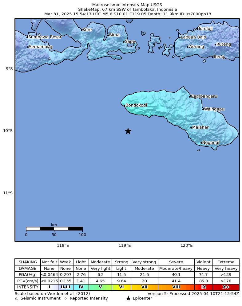 USGS ShakeMap intensity contours for the M5.6 earthquake near 67 km SSW of Tambolaka, Indonesia