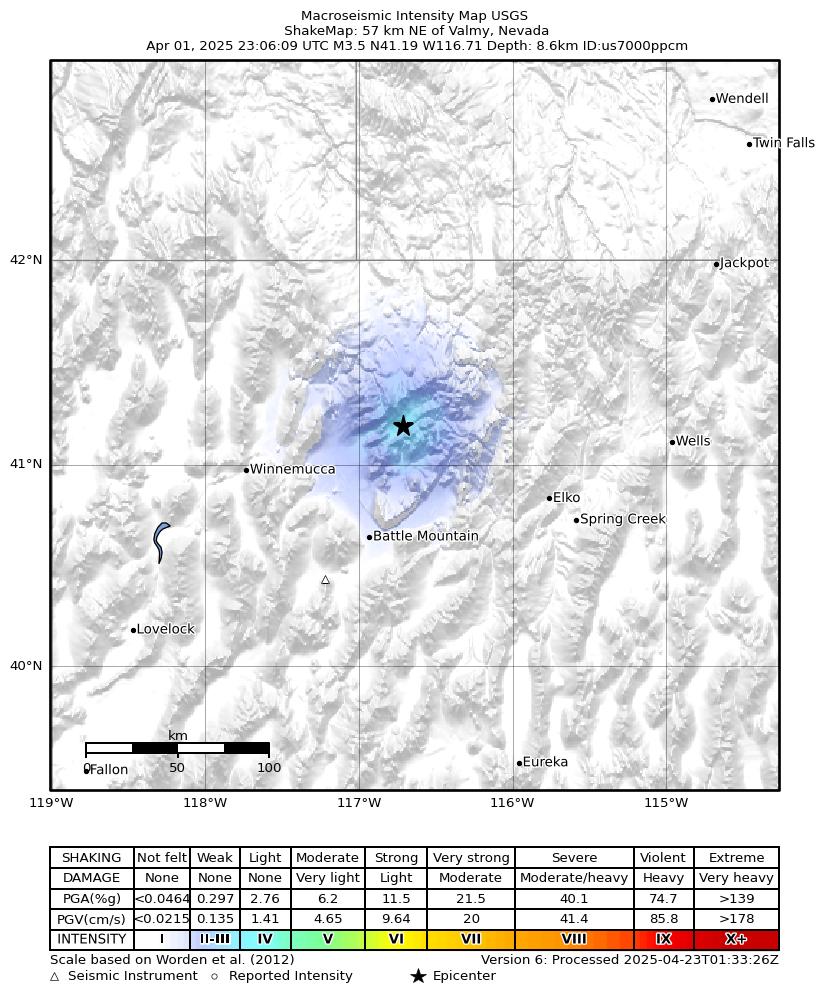USGS ShakeMap intensity contours for the M3.5 earthquake near 57 km NE of Valmy, Nevada
