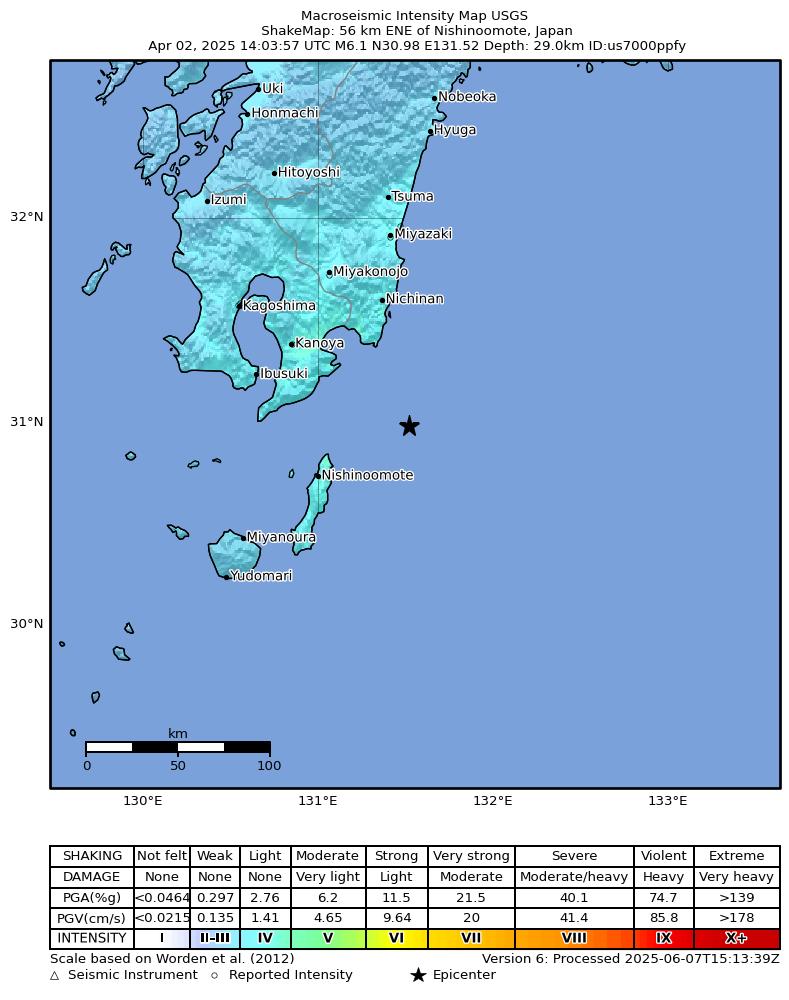 USGS ShakeMap intensity contours for the M6.1 earthquake near 56 km ENE of Nishinoomote, Japan