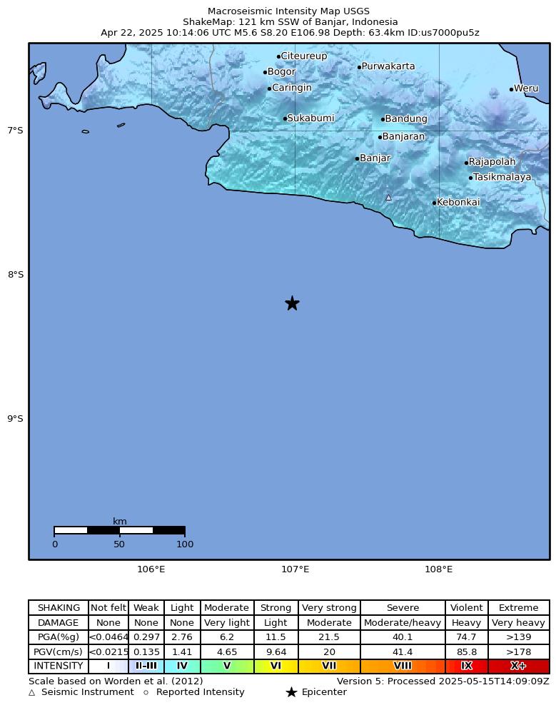 USGS ShakeMap intensity contours for the M5.2 earthquake near 122 km SSW of Banjar, Indonesia