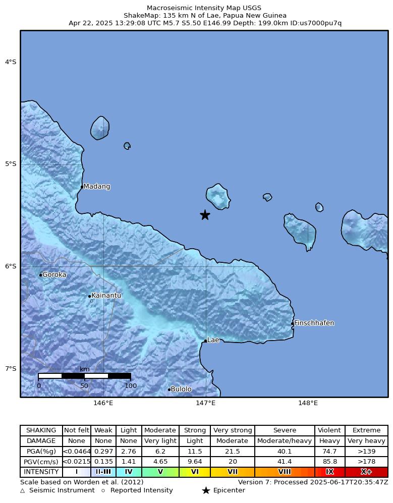 USGS ShakeMap intensity contours for the M5.7 earthquake near 135 km N of Lae, Papua New Guinea