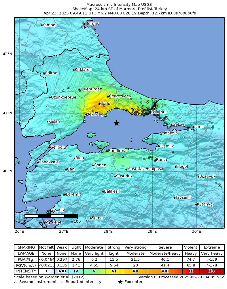 USGS ShakeMap intensity contours for the M6.2 earthquake near 24 km SE of Marmara Ereğlisi, Turkey