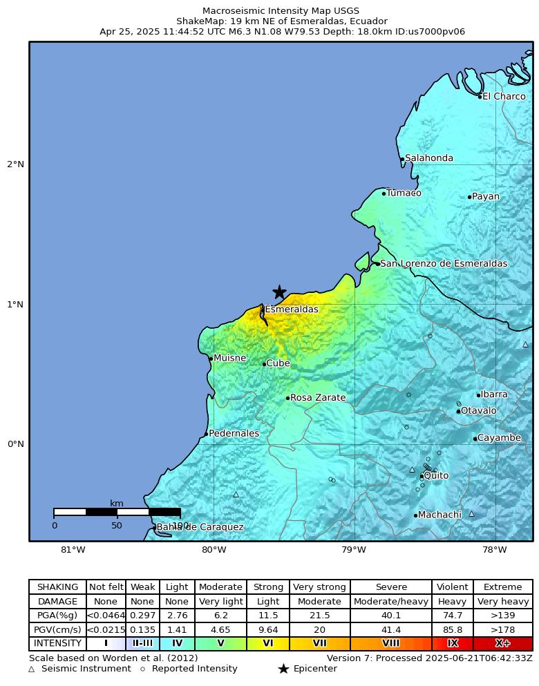USGS ShakeMap intensity contours for the M6.3 earthquake near 19 km NE of Esmeraldas, Ecuador