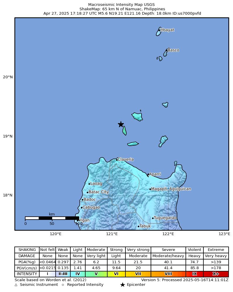 USGS ShakeMap intensity contours for the M5.6 earthquake near 65 km N of Namuac, Philippines
