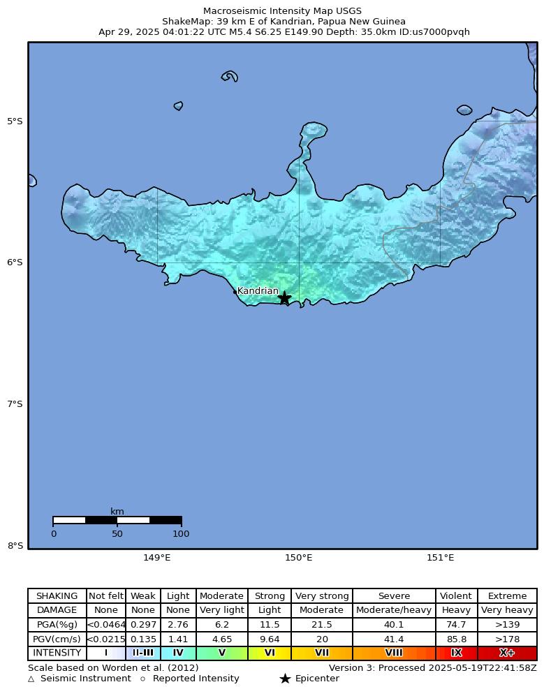 USGS ShakeMap intensity contours for the M5.4 earthquake near 39 km E of Kandrian, Papua New Guinea