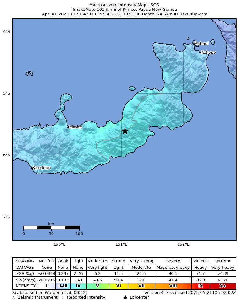 USGS ShakeMap intensity contours for the M5.4 earthquake near 101 km E of Kimbe, Papua New Guinea