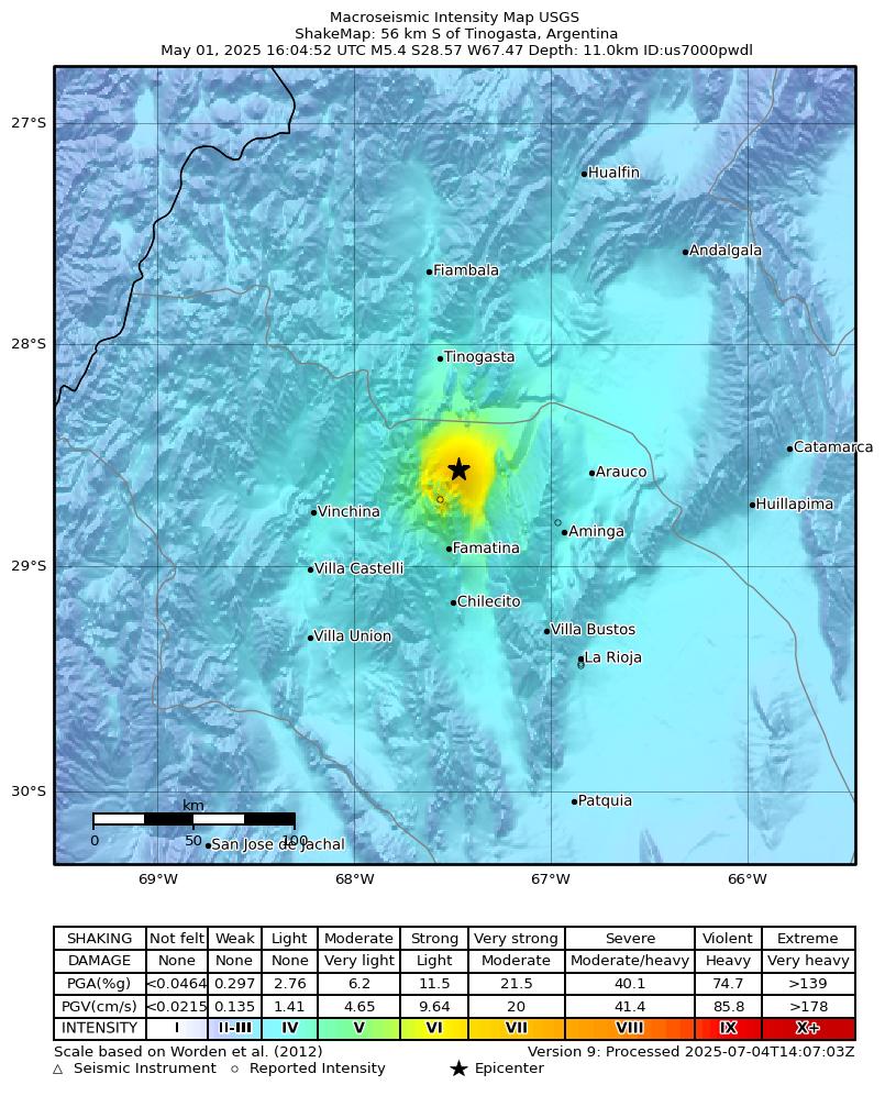 USGS ShakeMap intensity contours for the M5.4 earthquake near 56 km S of Tinogasta, Argentina