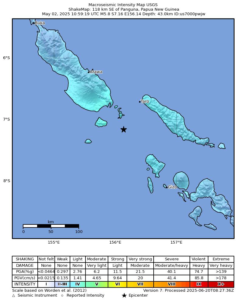 USGS ShakeMap intensity contours for the M5.8 earthquake near 118 km SE of Panguna, Papua New Guinea