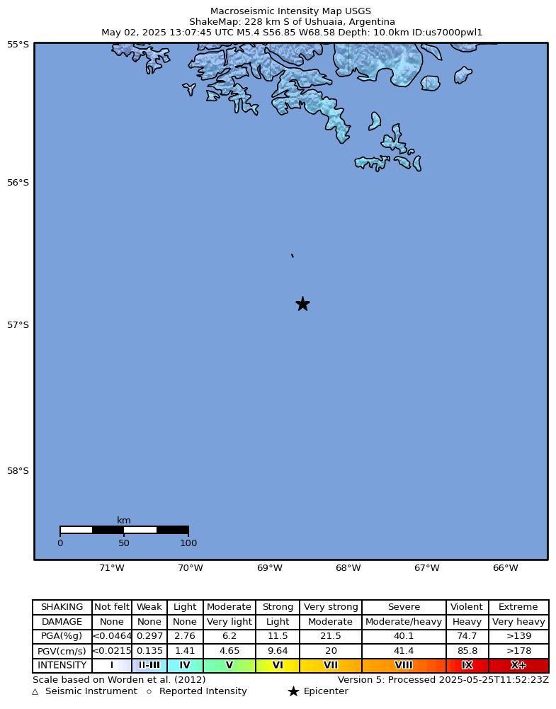 USGS ShakeMap intensity contours for the M5.4 earthquake near 228 km S of Ushuaia, Argentina