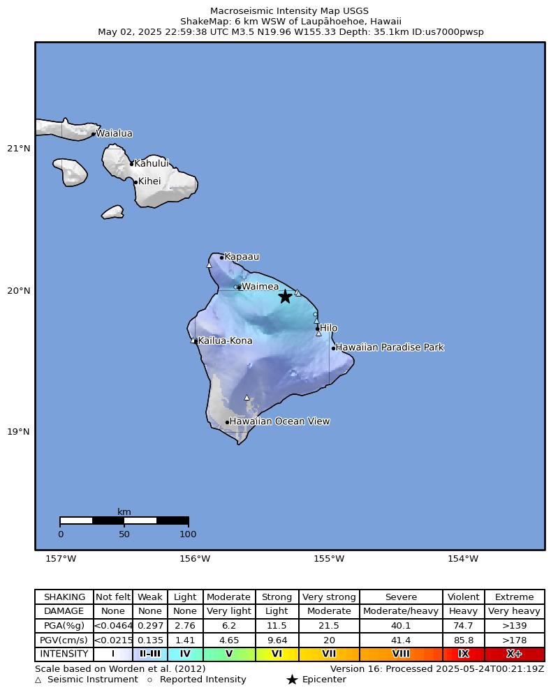 USGS ShakeMap intensity contours for the M3.6 earthquake near 6 km WSW of Laupāhoehoe, Hawaii