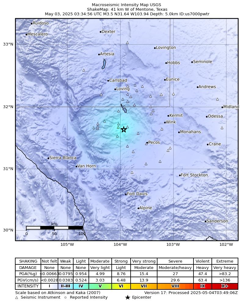 USGS ShakeMap: estimated shaking intensity around the epicenter