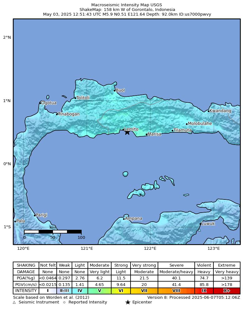 USGS ShakeMap intensity contours for the M5.9 earthquake near 158 km W of Gorontalo, Indonesia
