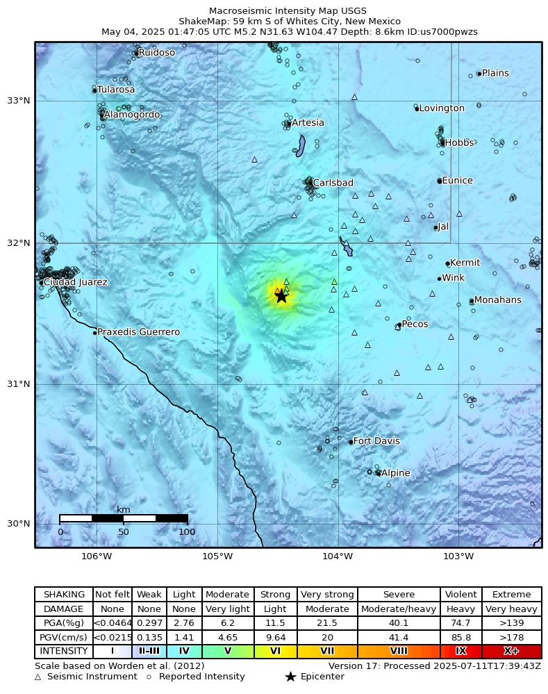 USGS ShakeMap intensity contours for the M5.4 earthquake near 59 km S of Whites City, New Mexico