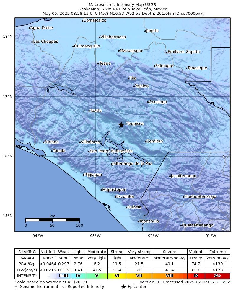 USGS ShakeMap intensity contours for the M5.8 earthquake near 5 km NNE of Nuevo León, Mexico