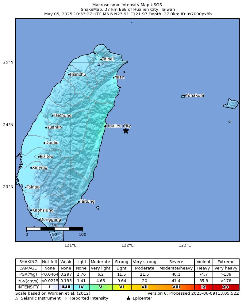 USGS ShakeMap intensity contours for the M5.6 earthquake near 37 km ESE of Hualien City, Taiwan