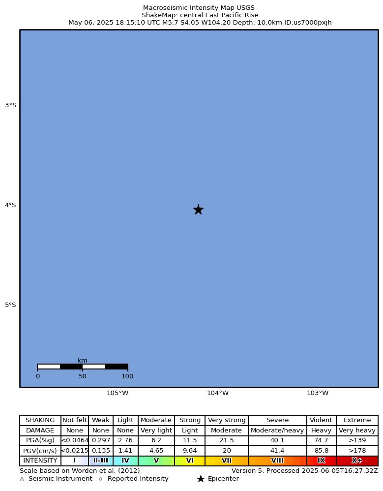 USGS ShakeMap intensity contours for the M5.7 earthquake near central East Pacific Rise
