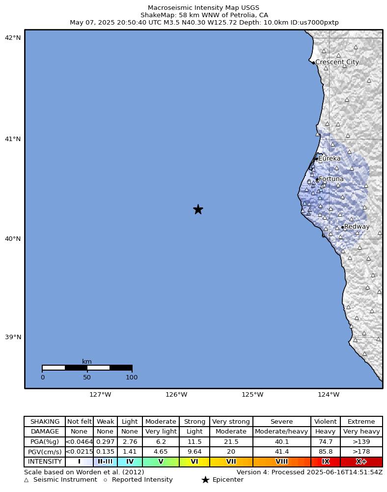USGS ShakeMap intensity contours for the M3.9 earthquake near 58 km WNW of Petrolia, CA