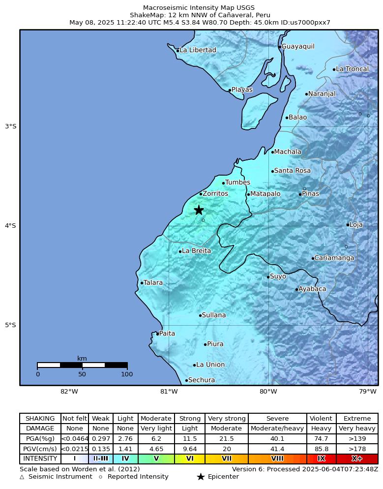 USGS ShakeMap intensity contours for the M5.4 earthquake near 12 km NNW of Cañaveral, Peru