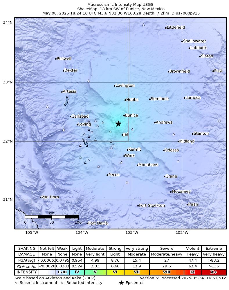 USGS ShakeMap intensity contours for the M3.3 earthquake near 19 km NNW of Jal, New Mexico
