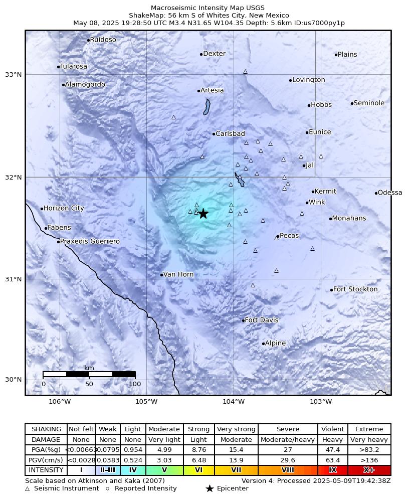 USGS ShakeMap intensity contours for the M3.4 earthquake near 56 km S of Whites City, New Mexico