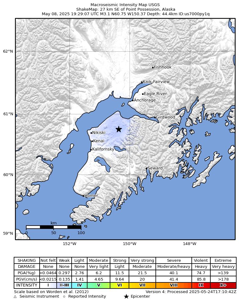 USGS ShakeMap intensity contours for the M2.9 earthquake near 27 km SE of Point Possession, Alaska