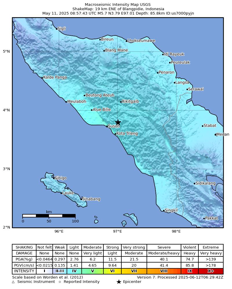 USGS ShakeMap intensity contours for the M5.7 earthquake near 19 km ENE of Blangpidie, Indonesia