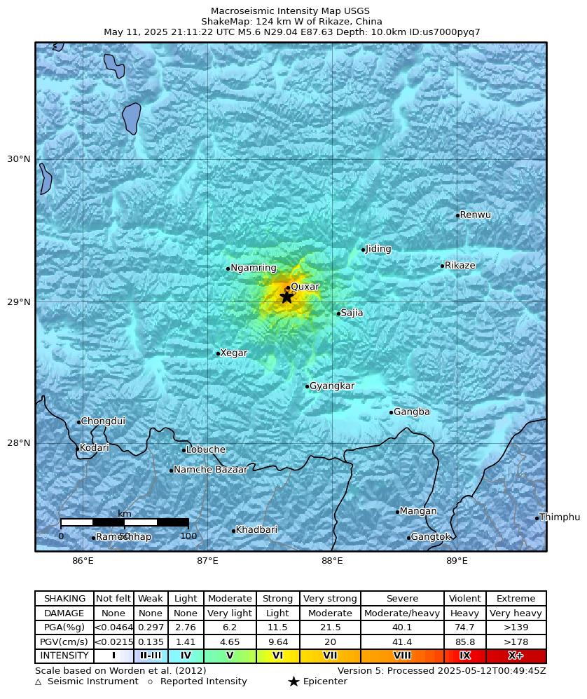 USGS ShakeMap intensity contours for the M5.5 earthquake near 126 km W of Rikaze, China