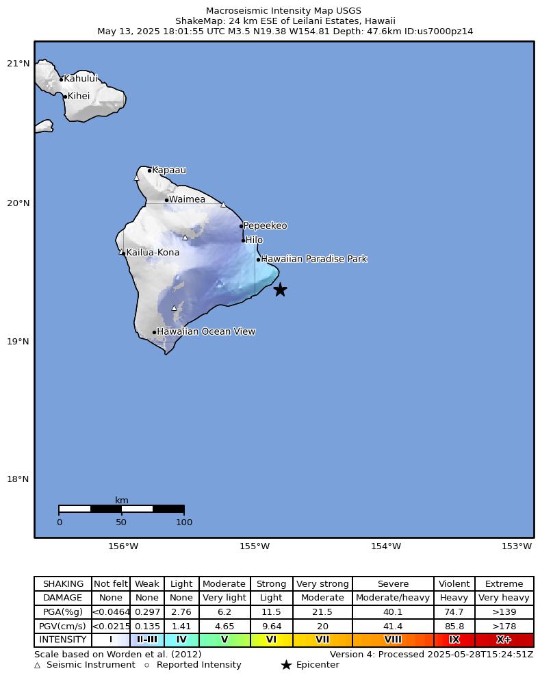 USGS ShakeMap intensity contours for the M3.6 earthquake near 24 km ESE of Leilani Estates, Hawaii