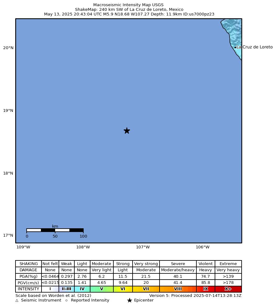 USGS ShakeMap intensity contours for the M5.9 earthquake near 240 km SW of La Cruz de Loreto, Mexico