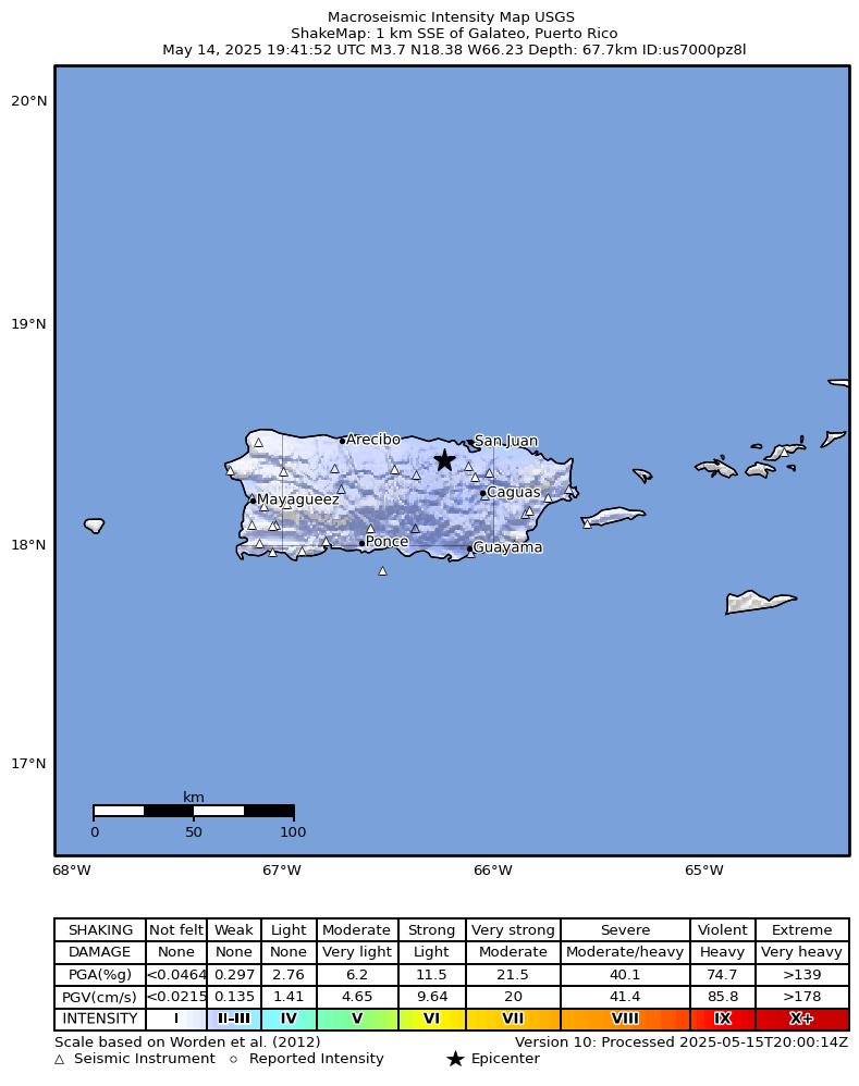 USGS ShakeMap intensity contours for the M3.6 earthquake near 1 km SSE of Galateo, Puerto Rico