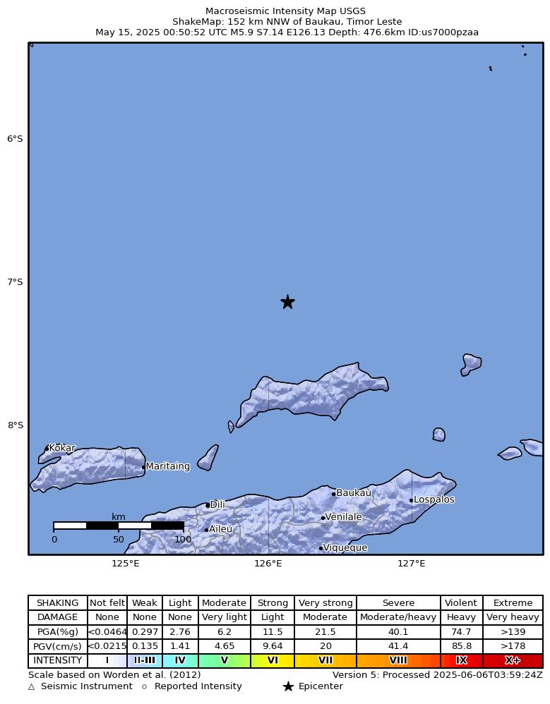 USGS ShakeMap intensity contours for the M5.9 earthquake near 152 km NNW of Baukau, Timor Leste