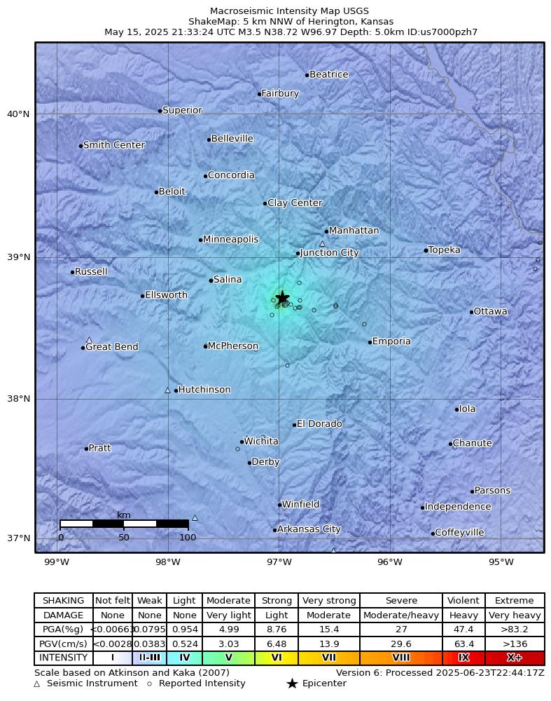 USGS ShakeMap intensity contours for the M3.5 earthquake near 5 km NNW of Herington, Kansas