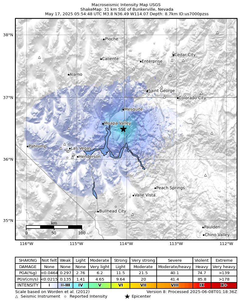 USGS ShakeMap: estimated shaking intensity around the epicenter