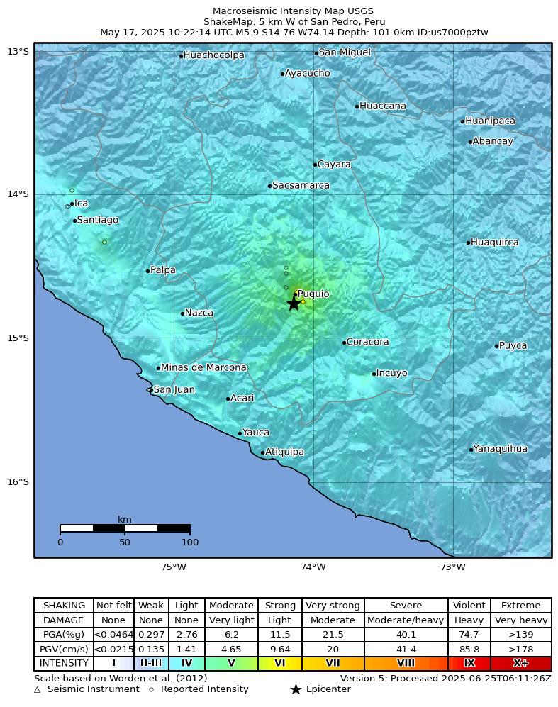 USGS ShakeMap intensity contours for the M5.9 earthquake near 5 km W of San Pedro, Peru